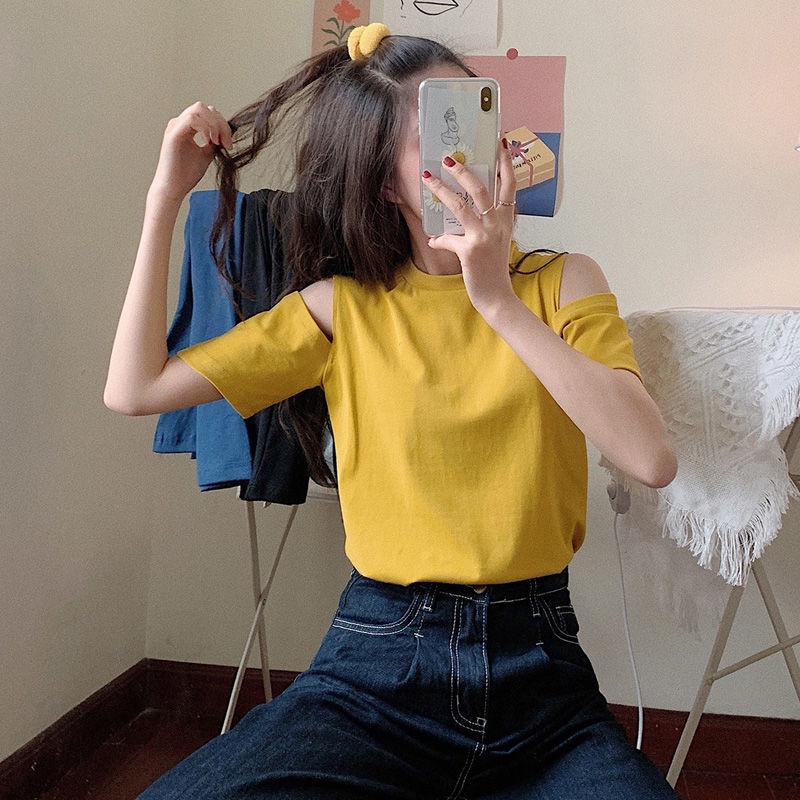 Áo Thun Cotton Mỏng Dáng Rộng Hở Vai Màu Trơn Thời Trang Mùa Hè Phong Cách Hàn Quốc Dành Cho Nữ 2022
