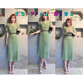 Set crop dạ xanh cổ vest + chân váy midi