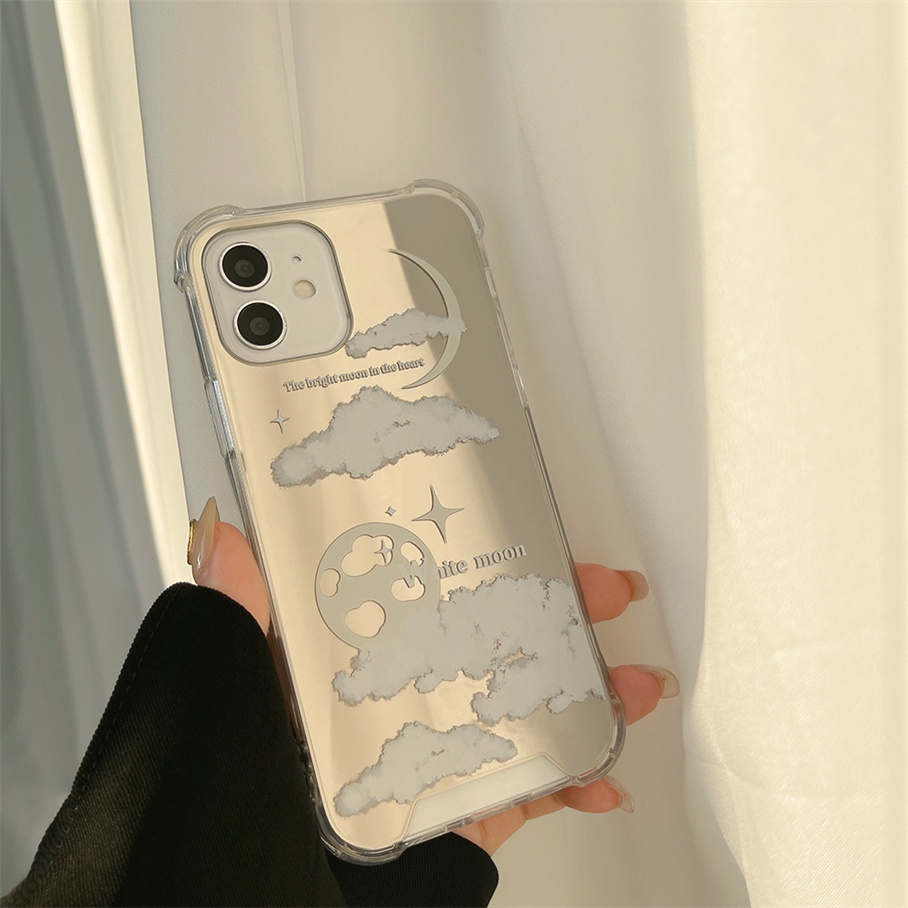 For iPhone 13 12 11 Pro Max XS Max XR X XS 8 7 Plus SE 2020 Ốp Điện Thoại Mềm Có Gương Soi Họa Tiết Đám Mây/Mặt Trăng Cho