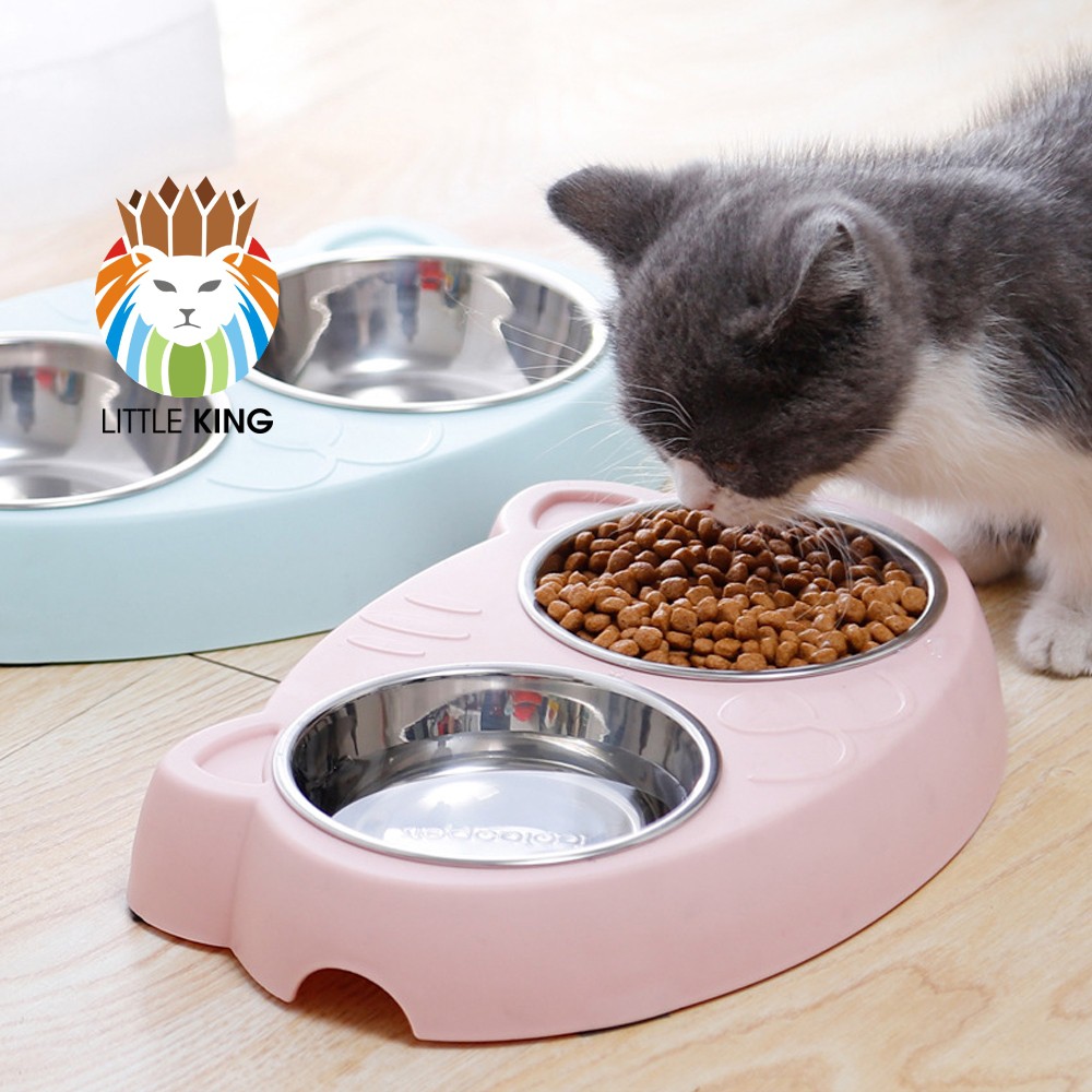 Bát ăn đôi inox hình mặt mèo cho chó mèo, thú cưng chất liệu nhựa PP và inox không gỉ Little King pet shop