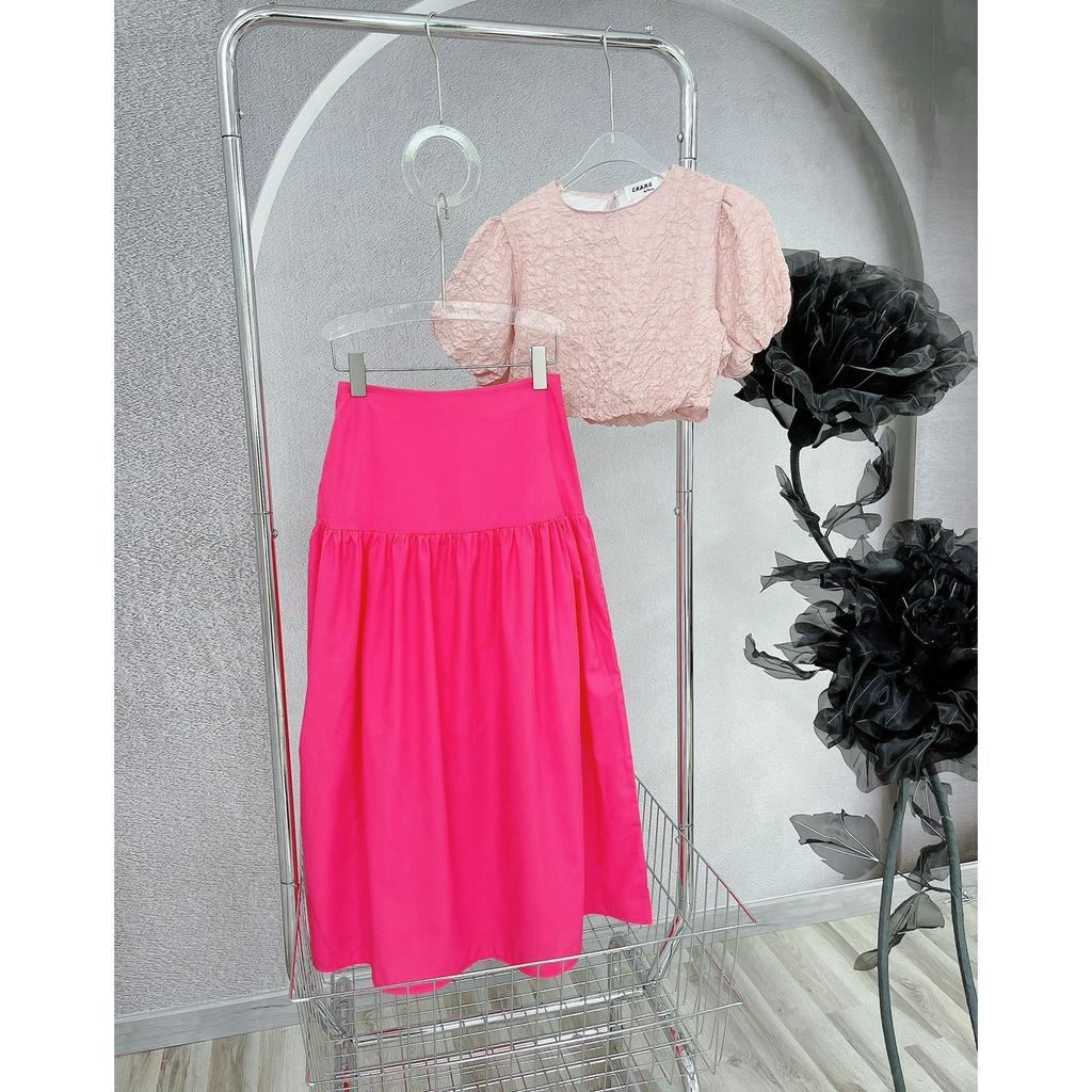 SET ÁO CROTOP XỐP NHÚN TAY PHỒNG CHÂN VÁY MIDI XẾP LY HỒNG SEN (TH)