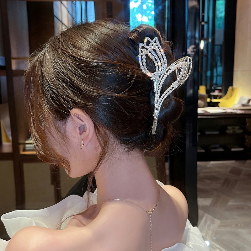 Kẹp Tóc Càng Cua Kim Loại Hàn Quốc Hình Hoa Tulip Đính Đá Siêu Sang Chảnh Kẹp Tóc Đi Chơi Đi Tiệc Mainia Shop