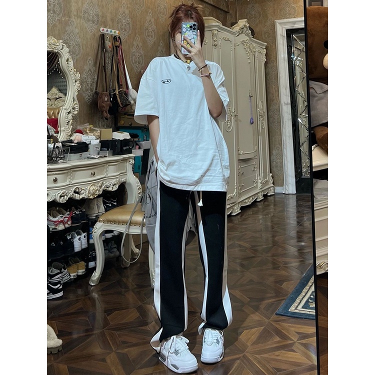 Quần Dài Lưng Cao Hoạ Tiết Kẻ Sọc Thiết Kế Dáng Rộng Thoải Mái