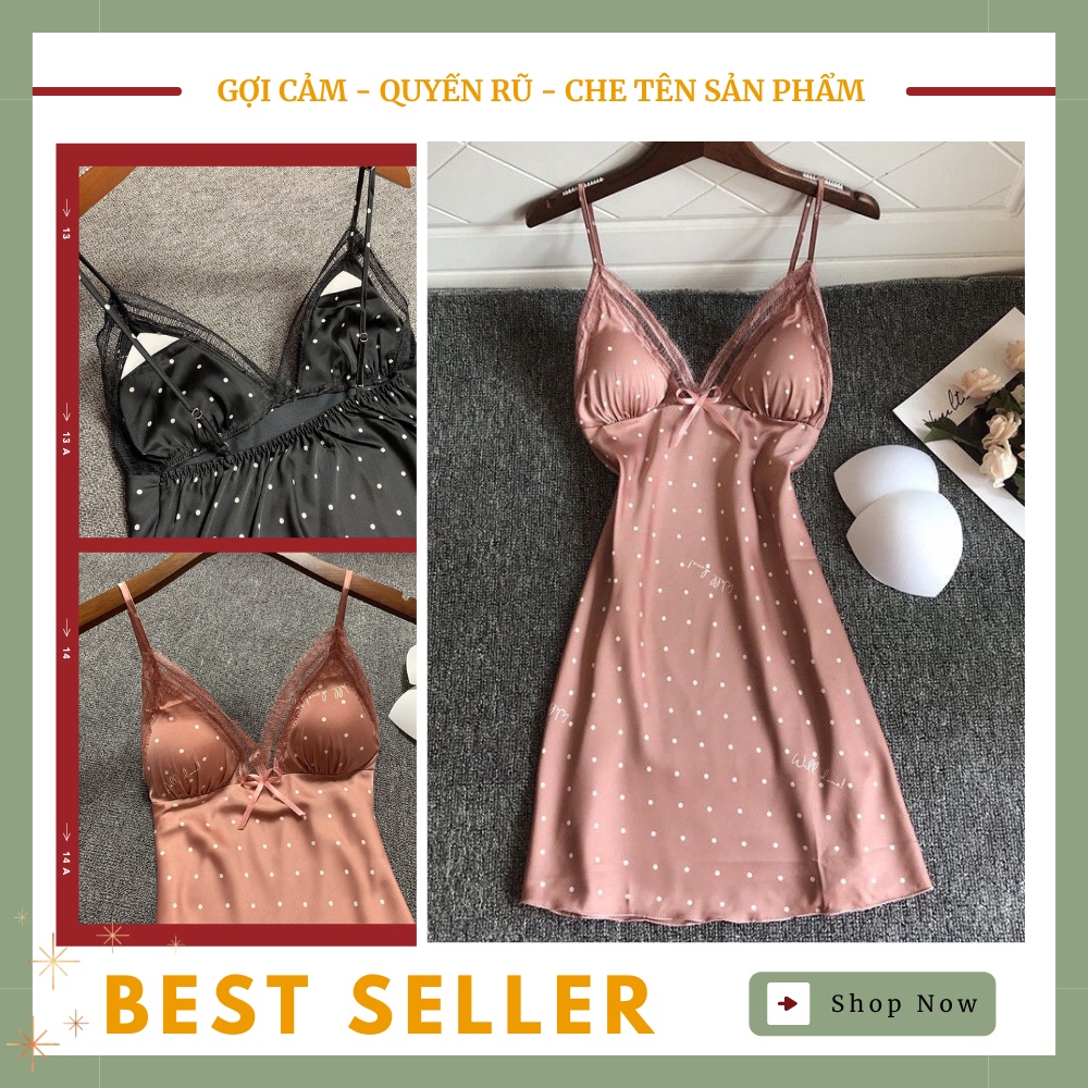 Váy Ngủ Sexy, Váy 2 Dây Phối Ren Vải Lụa Mềm Siêu Gơi Cảm Có Kem Mút Ngực --CharmingQueen