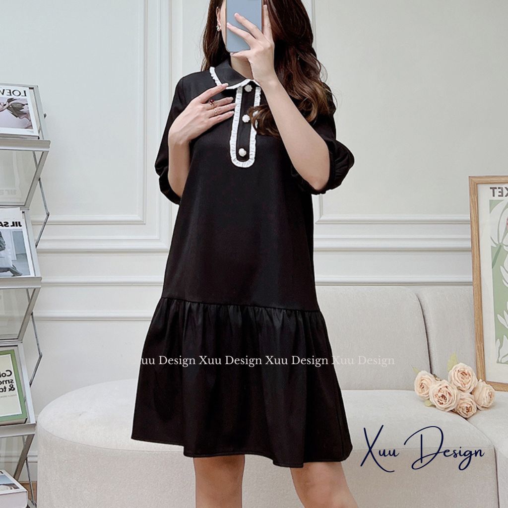 Váy suông nữ dáng babydoll XUU hàng thiết kế cổ phối tay lỡ màu sắc nhẹ nhàng thanh lịch - V13