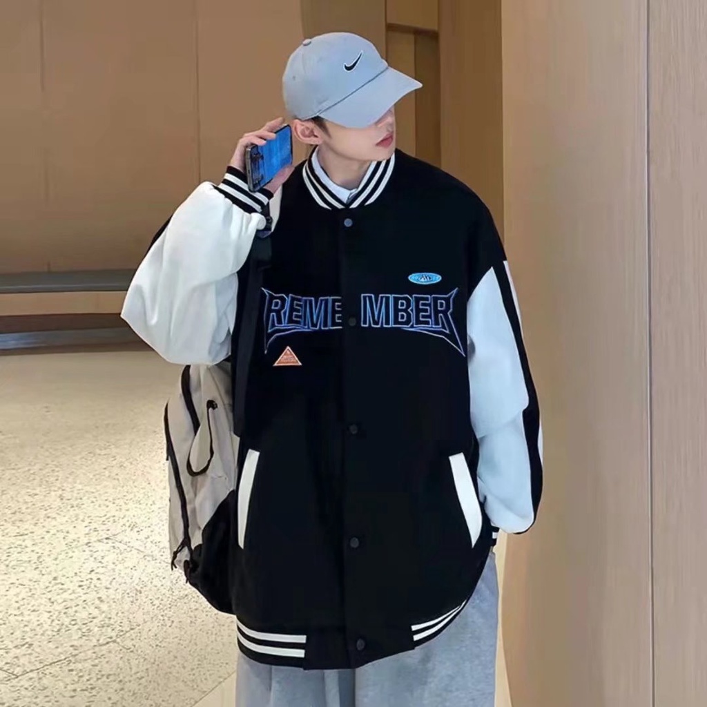 Áo khoác bóng chày vải cotton dáng rộng in chữ kiểu hip-hop Hàn Quốc cá tính dành cho học sinh