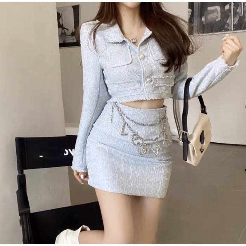 Sét Dạ Tweed Tay Dài Cao Cấp  SẴN MÀU XANH- -FREESHIP
