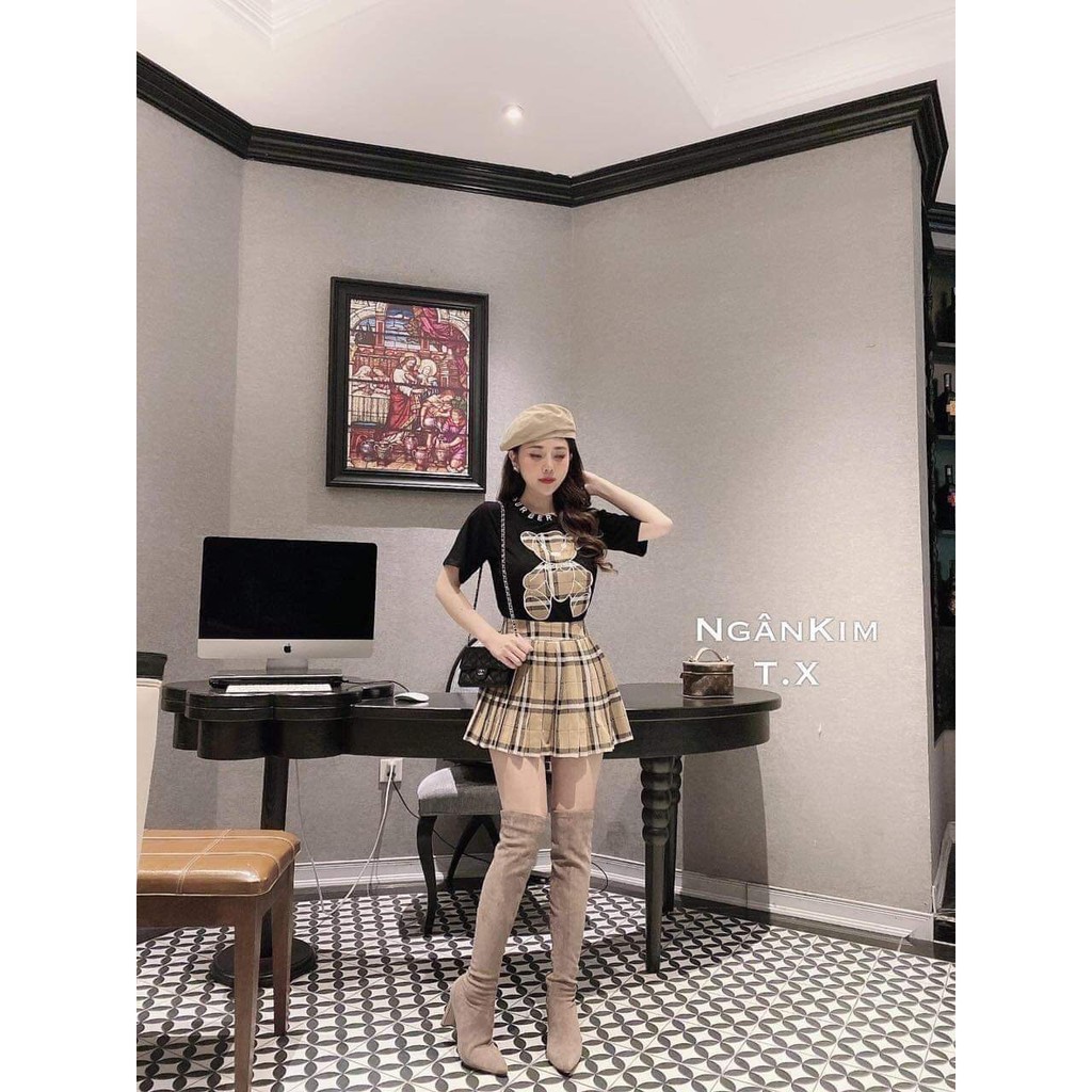 Set áo thun chân váy caro nữ Burberrry- Áo thun nữ 2 màu chân váy ngắn xoè