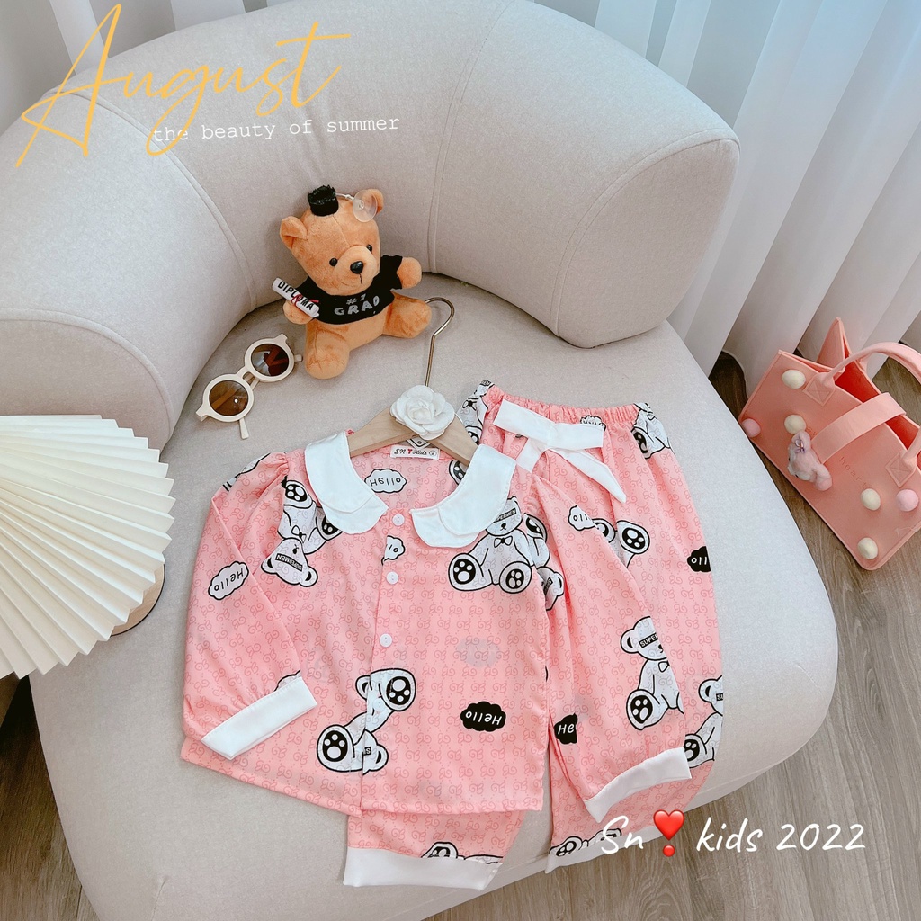 Pijama cho bé, pijama lụa satin cổ 2 tầng bèo nhiều hình dễ thương cho bé gái 20-35kg
