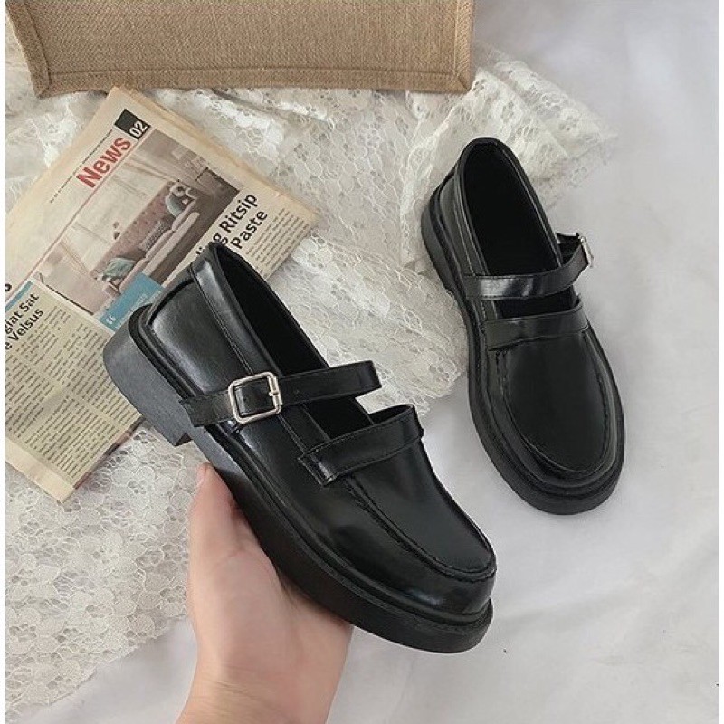 Giày ulzzang oxford vintage  da lỳ có dây vuông cho nữ phong cách hàn quốc trẻ năng động