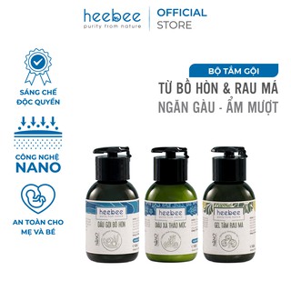 Combo gội xả tắm Heebee: Dầu gội Bồ Hòn và Dầu xả thảo mộc 40ml (Hương Thảo) + Gel tắm rau má 40ml