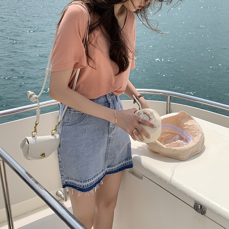 Chân váy Jean ngắn Denim Lưng cao Dáng chữ A Bạc màu Viền tua rua Mùa Hè Ulzzang Hàn Quốc Cạp cao | BigBuy360 - bigbuy360.vn