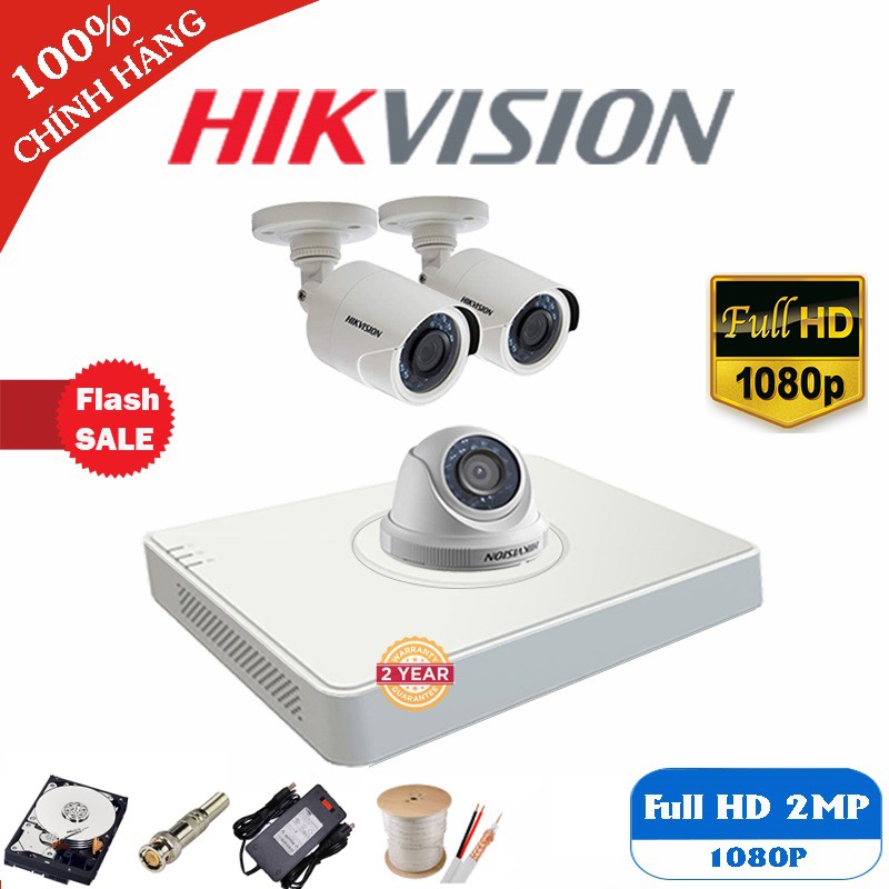 Bộ 3 Camera Hikvision Full HD 1080P - 2MP + Đầu ghi Full HD + Đủ phụ kiện để khách tự lắp