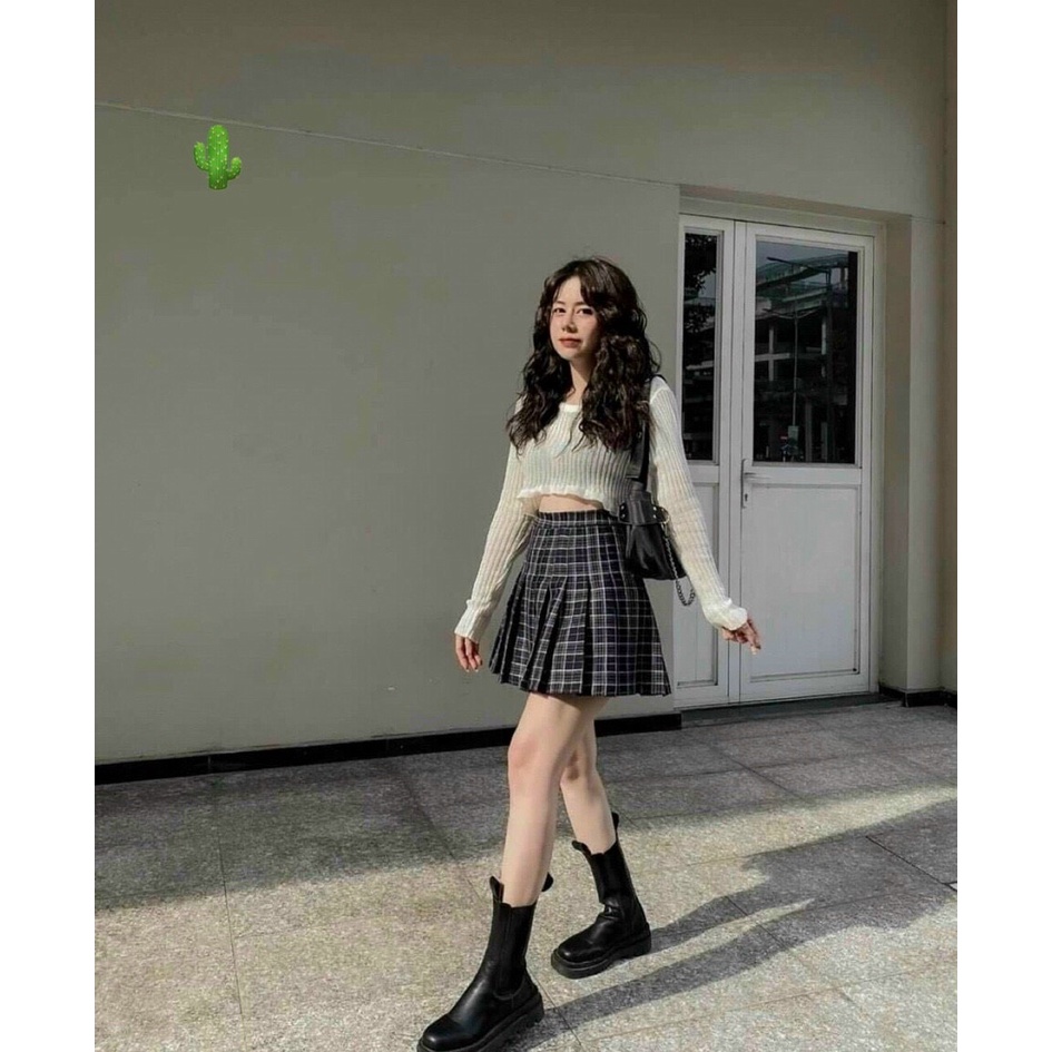 sét bộ váy sọc caro phối áo croptop