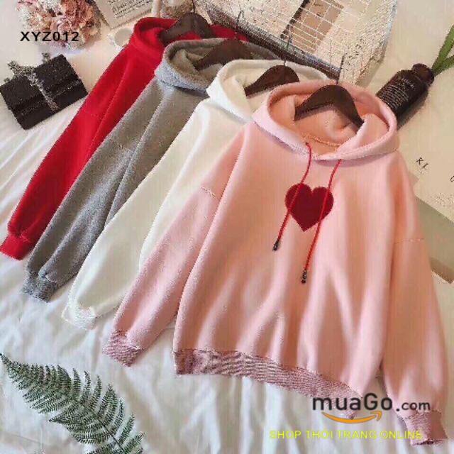 Áo hoodie nỉ thêu hình tim siêu cute, Áo khoác đi Đà lạt, Áo nỉ teen,ÁO NỈ CHUI CÓ MŨ Nữ Màu hồng, đỏ, trắng - XYZ012