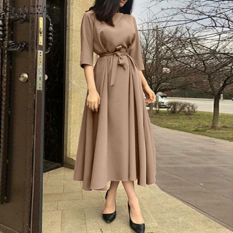Đầm midi ZANZEA dáng chữ a tay lửng phối thắt lưng thời trang đường phố châu Âu cho nữ