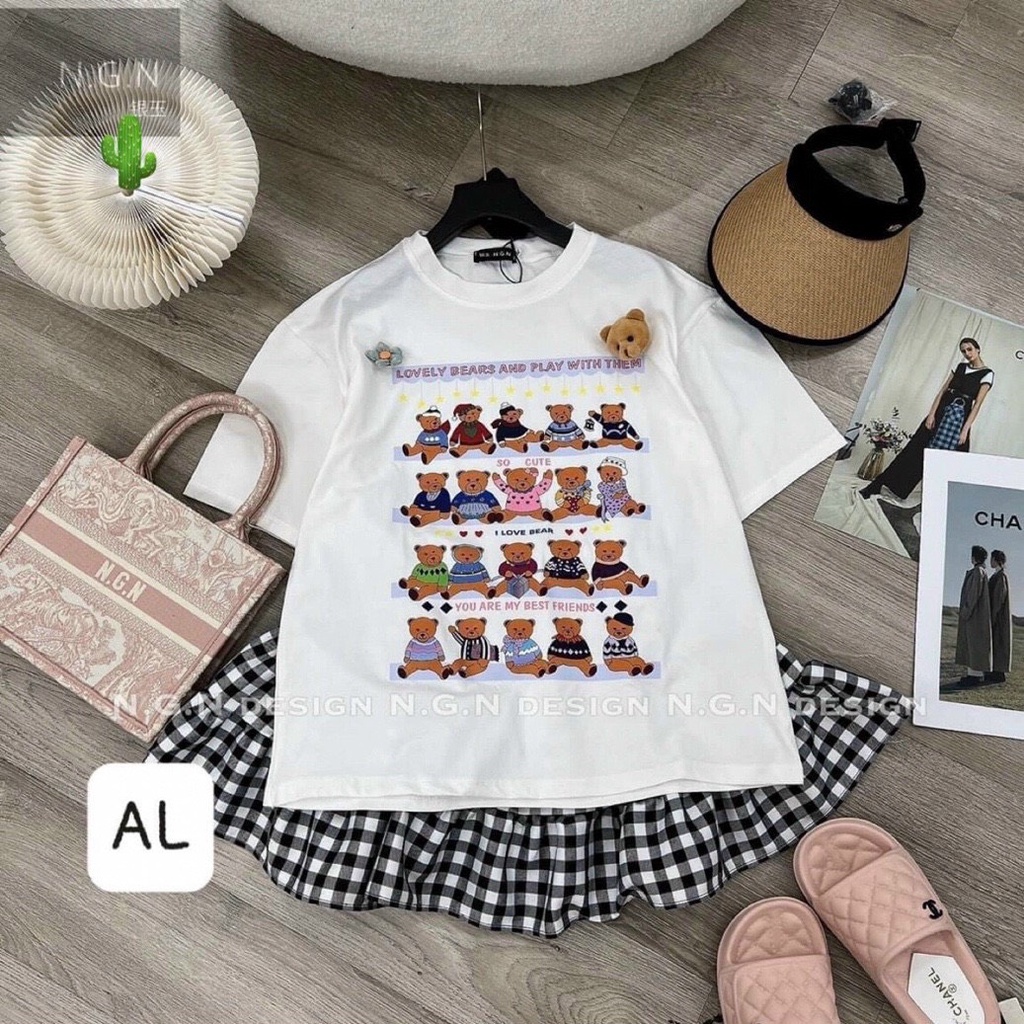 Set áo thun nữ form rộng thêu hình gấu kèm chân váy chữ A ngắn