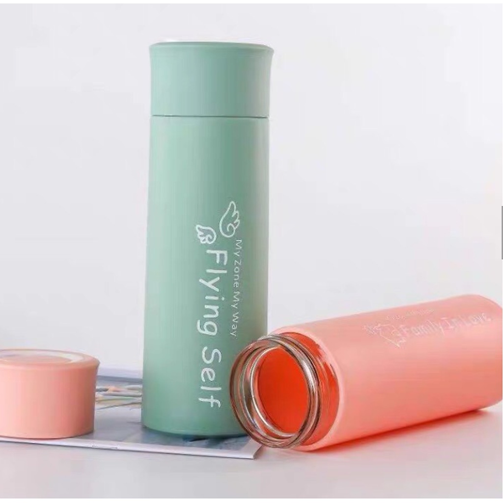 Bình giữ nhiệt lõi thủy tinh vỏ bọc nhựa in hình dễ thương 400ml - Bọc Nhựa Cách Nhiệt - Có Dây Treo|Tongkhohuyhoang168