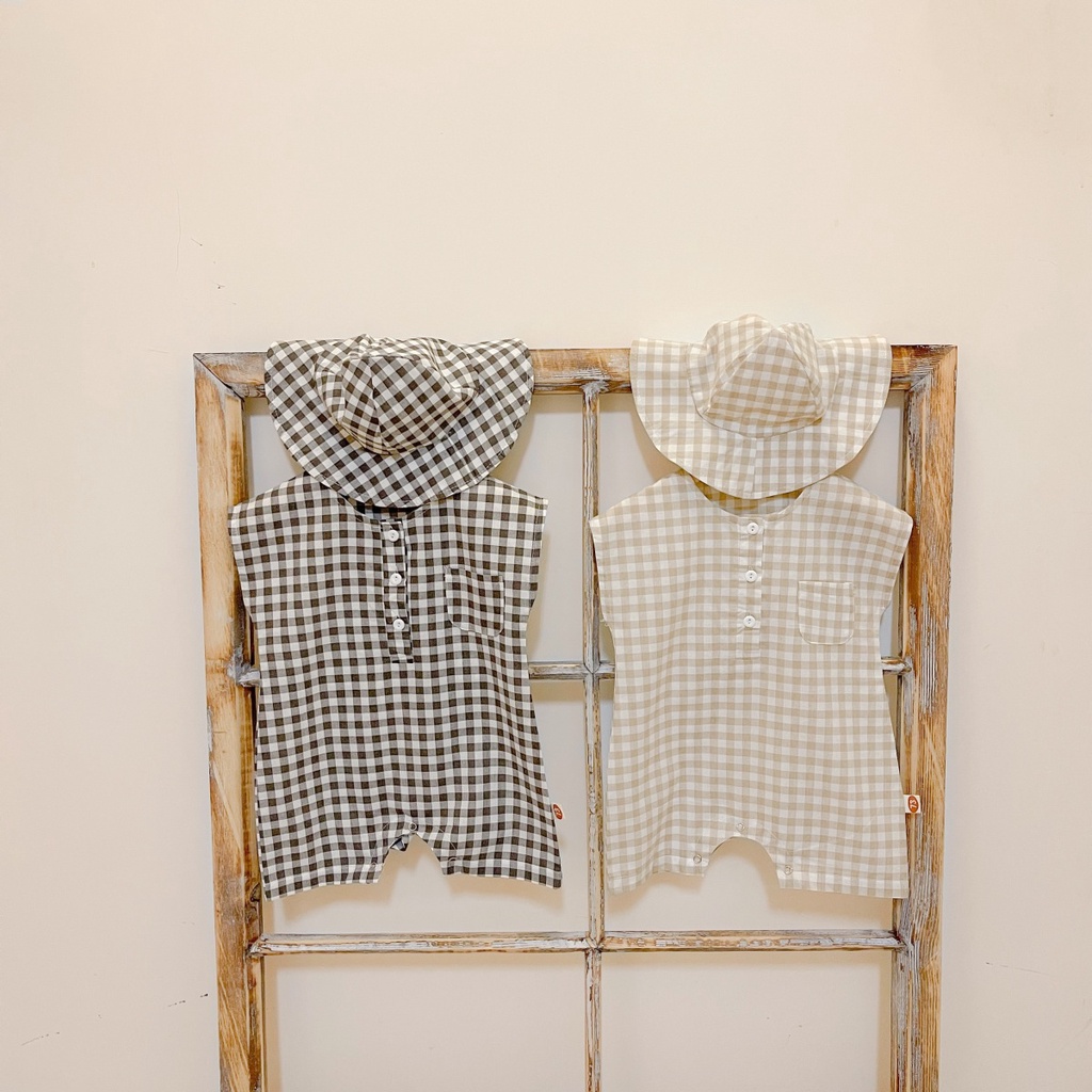 Set Đồ Liền Thân Sát Nách Họa Tiết Ca Rô + Nón Cho Bé