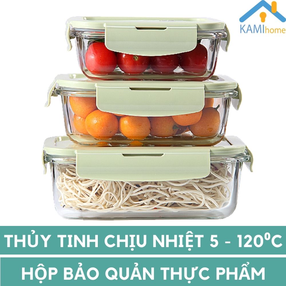 Hộp bảo quản thực phẩm - đựng cơm văn phòng 1 ngăn Thủy tinh chịu nhiệt Nóng Lạnh-Nắp chân không mã 20068 Kami