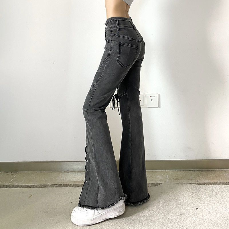 VIDEO-ẢNH THẬT Quần jeans ống loe phối dây đan đối xứng