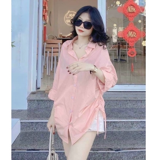 sét đồ nữ sang chảnh,bộ đồ nữ áo sơ mi rút dây kèm quần phối màu nhã nhặn ( Xanh ,Hồng )