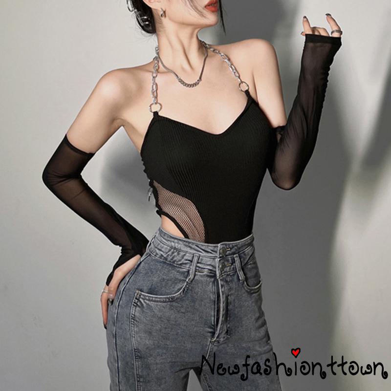 Nfashion Bộ Áo Liền Quần Phối Lưới Dây Xích + Tay Áo Cánh Tay Màu Đen Hợp Thời Trang Cho Nữ