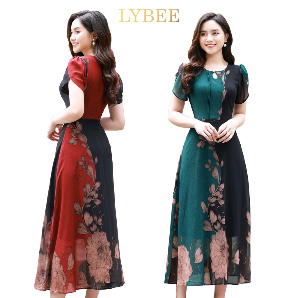 Váy đầm trung niên LYBEE chất voan hàn dáng xòe trung tuổi cho mẹ mã 609