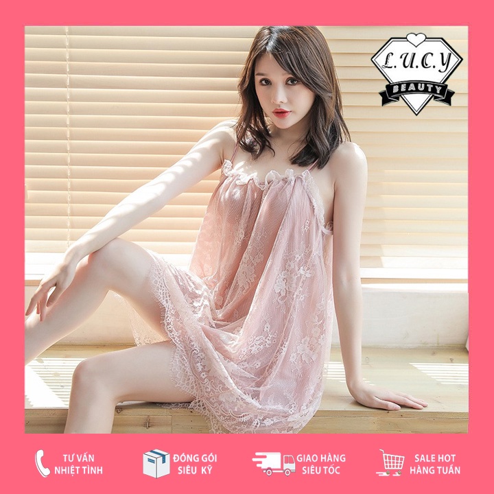 V03- Set váy ngủ 2 dây dáng xuông suông ren sexy cao cấp Đầm mặc nhà gợi cảm quyến rũ