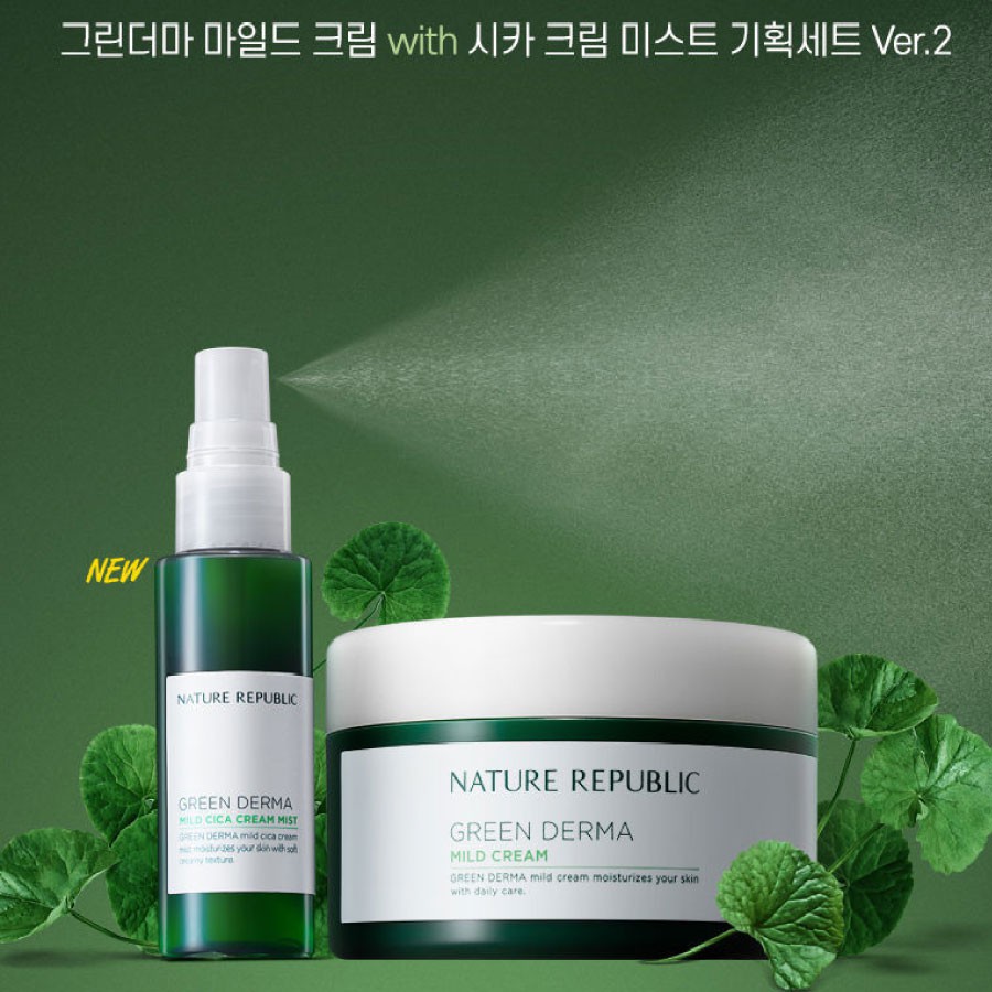 Set dưỡng ẩm chiết xuất rau má NATURE REPUBLIC Green Derma Mild Cream With Cica Cream Mist Set Ver2 (190ml + 50ml)