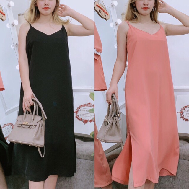 Váy suông maxi 2 dây xẻ tà bầu bí bon chen
