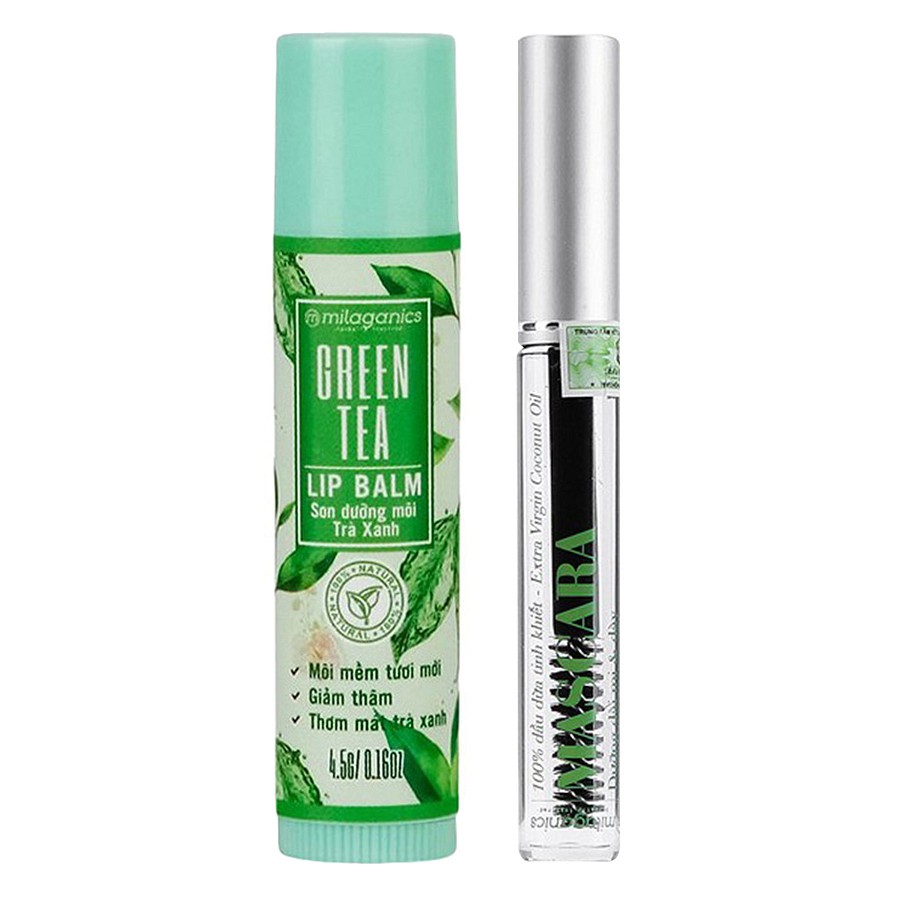 Combo Son Trà Xanh Thiên Nhiên Dưỡng Môi, Giảm Thâm Milaganics (4.5g) + Mascara Dầu Dừa Dưỡng Mi Milaganics