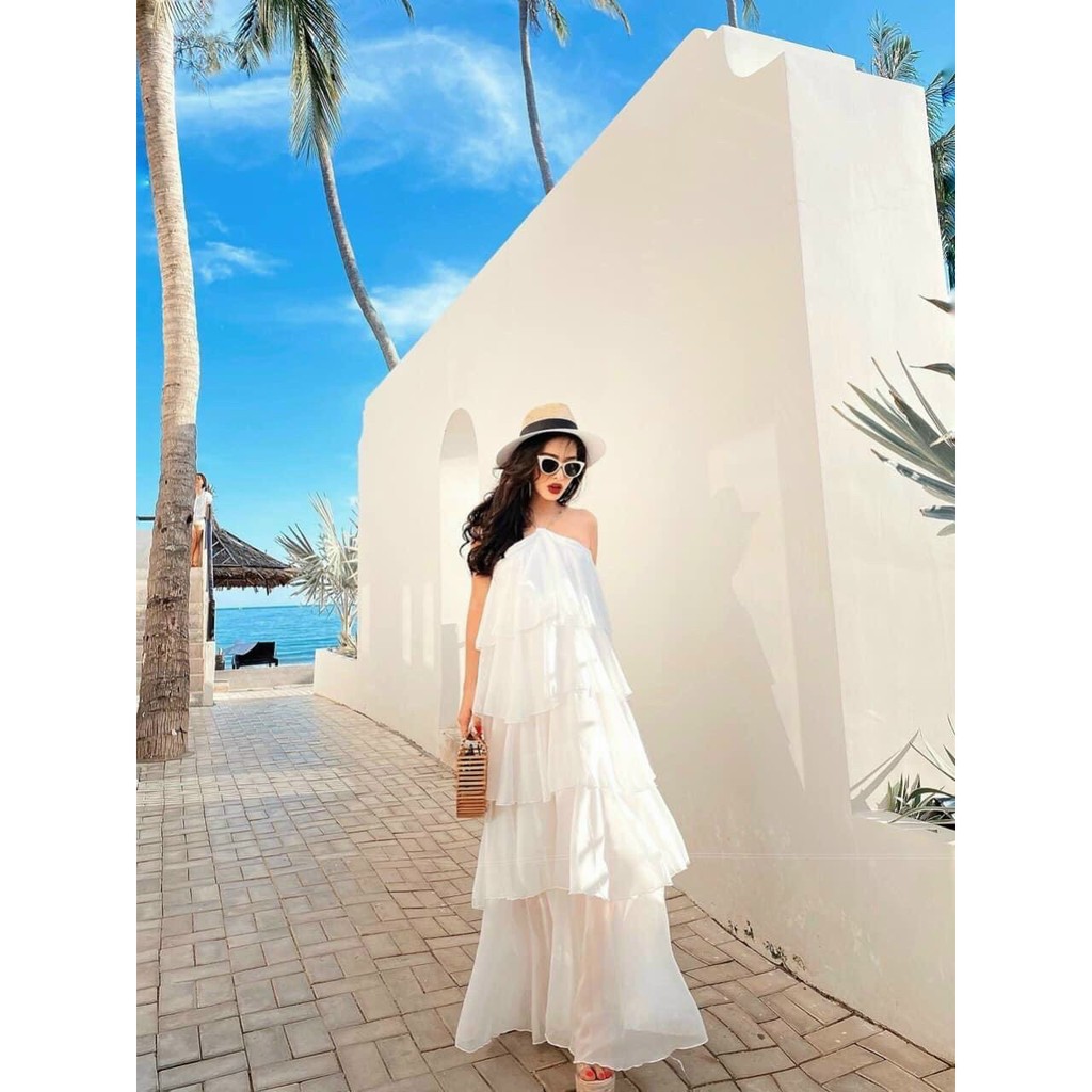 💥 SIÊU HÓT 💥 Đầm Maxi hai dây xích hoặc cổ hoa đi biển dáng dài xếp tầng Váy dự tiệt du lịch yếm xích 5 tầng hở vai | BigBuy360 - bigbuy360.vn