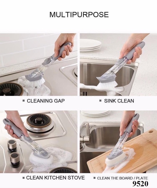 Bàn chải cọ rửa bếp 2 in 1 kèm bình đựng xà phòng