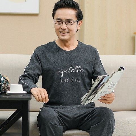 Bộ đồ ngủ dành cho người trung niên và người cao tuổi cotton dài tay mùa xuân và mùa thu đông người cha trung niên lớn t