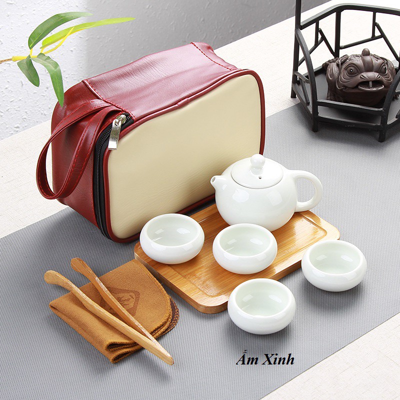 Bộ Ấm Chén Pha Trà kèm khay và túi mang đi du lịch tiện lợi