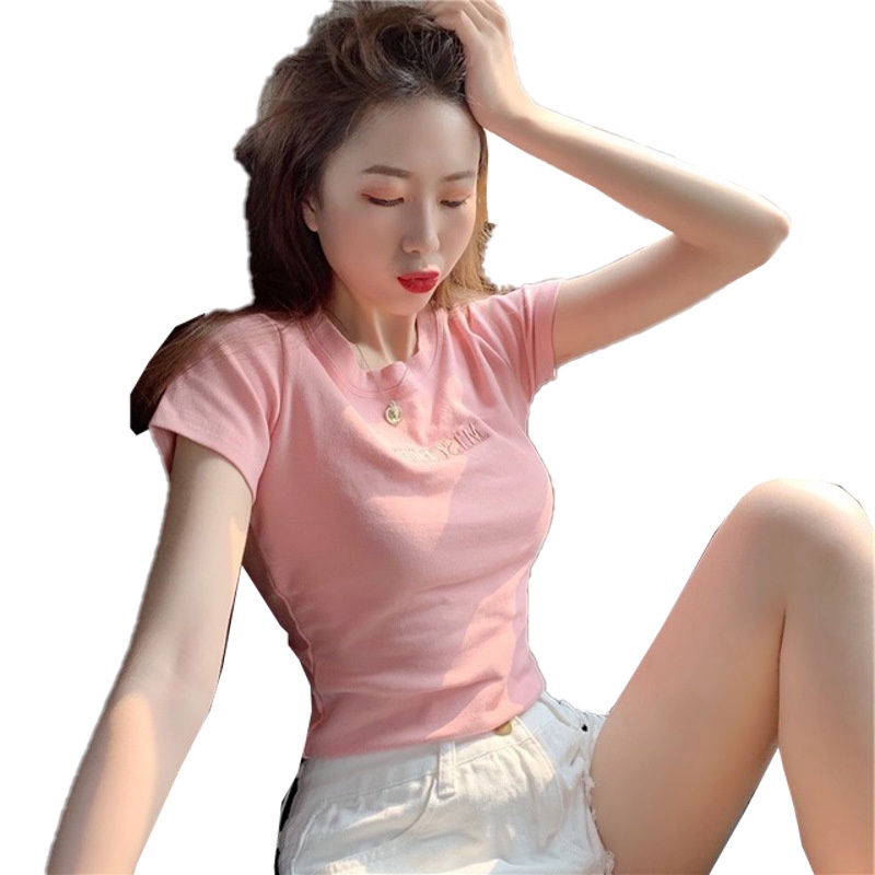 【WANG JIAO ZHAN】Áo thun ngắn tay thêu chữ thời trang phong cách Hàn Quốc【914】