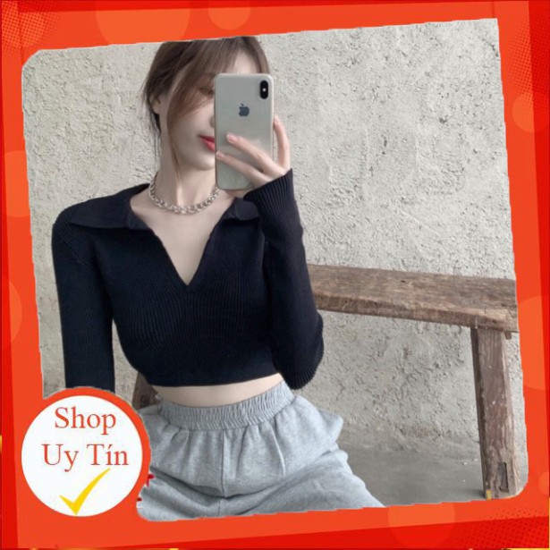 Áo Croptop Cổ V Tay Dài, Dáng Ôm Freesize 53kg, Chất Thun Gân Co Giản, Hàng Chuẩn Đẹp