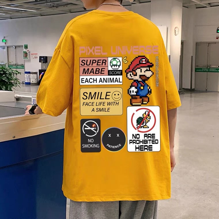 Áo thun Puruilong ngắn tay cổ tròn dáng rộng in hình hoạt hình Super Mario cho nam