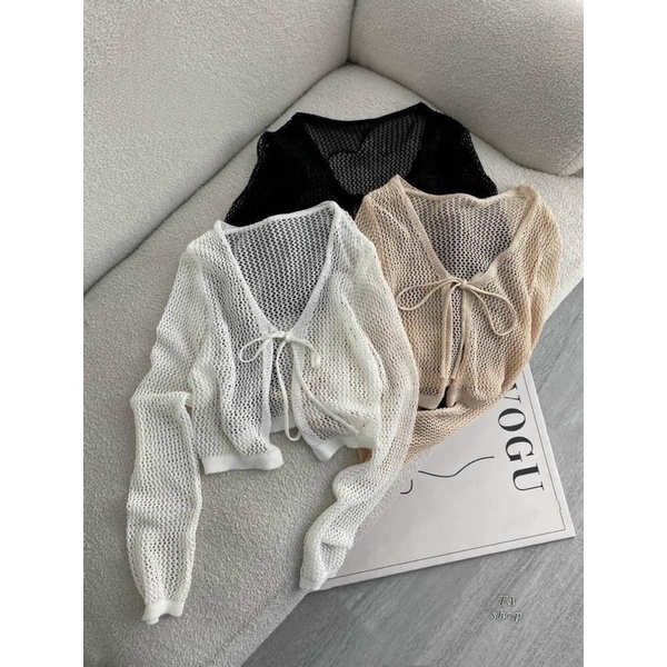 Áo cardigan mỏng mắt lưới dáng croptop có dây buộc