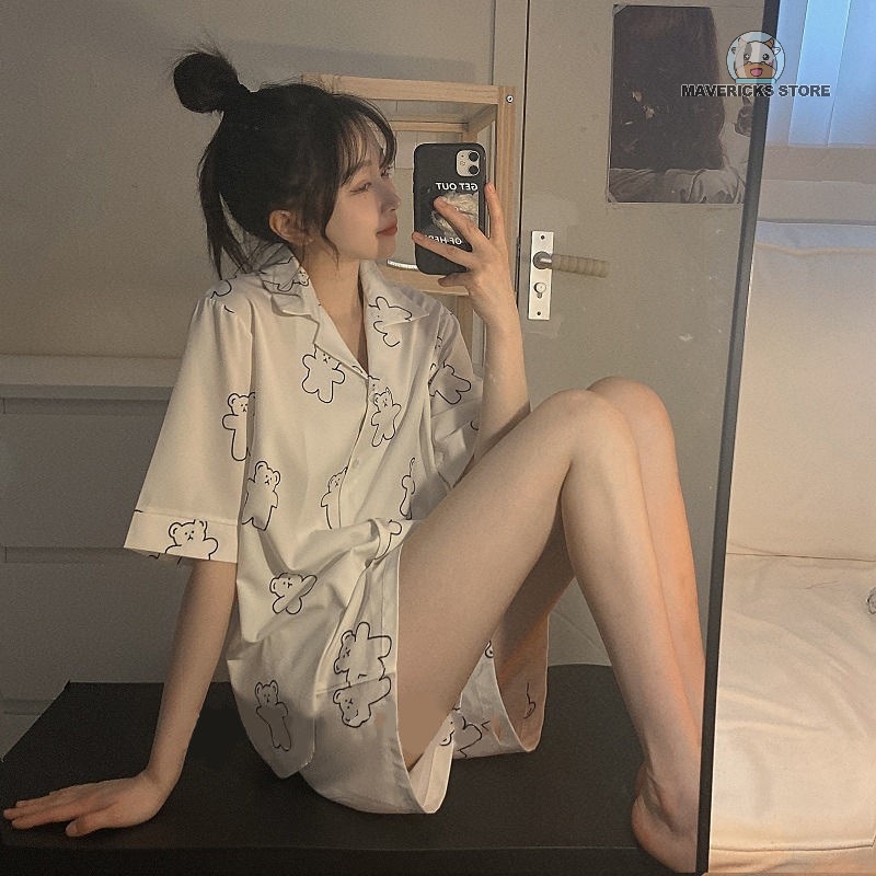 Bộ đồ ngủ tay ngắn in hình gấu dễ thương dành cho nữ