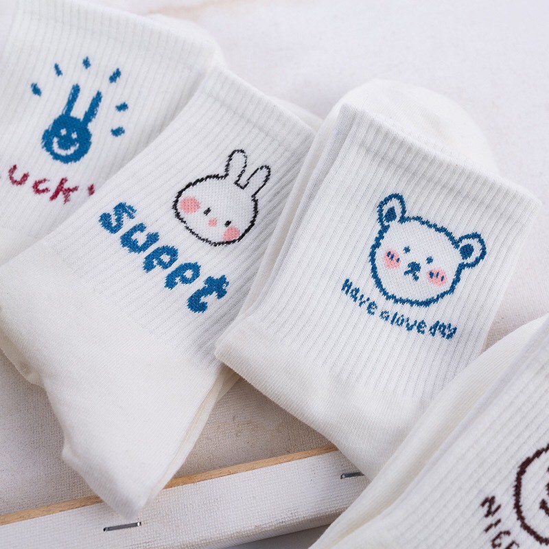 Tất nữ cổ cao vải cotton co giãn thời trang Hàn Quốc, Vớ cổ cao nữ trắng họa tiết hình thú xinh xắn