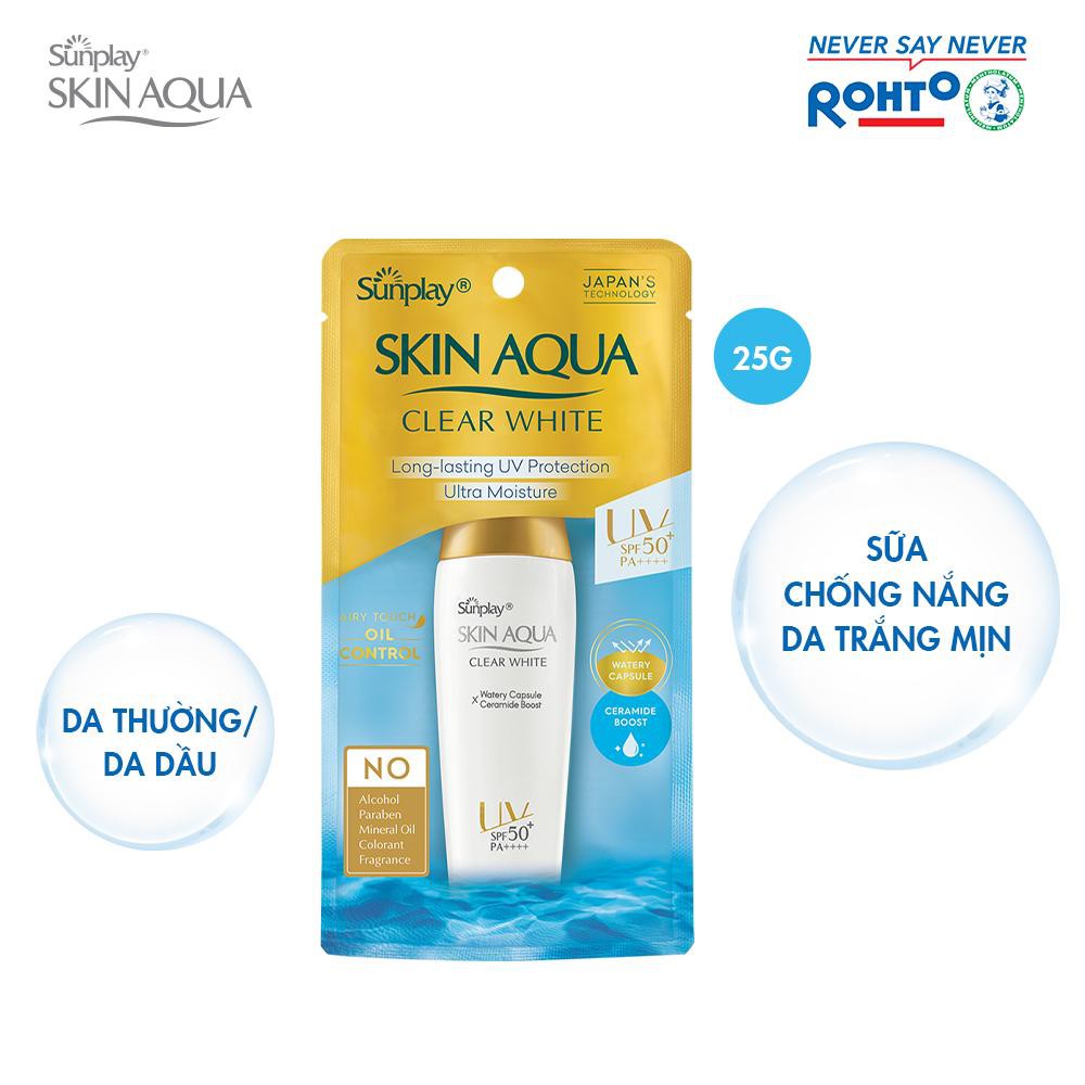 Kem chống nắng nắp vàng Sunplay Skin Aqua Clear White SPF 50+, PA++++ 25g và 55g dưỡng trắng dành cho dầu
