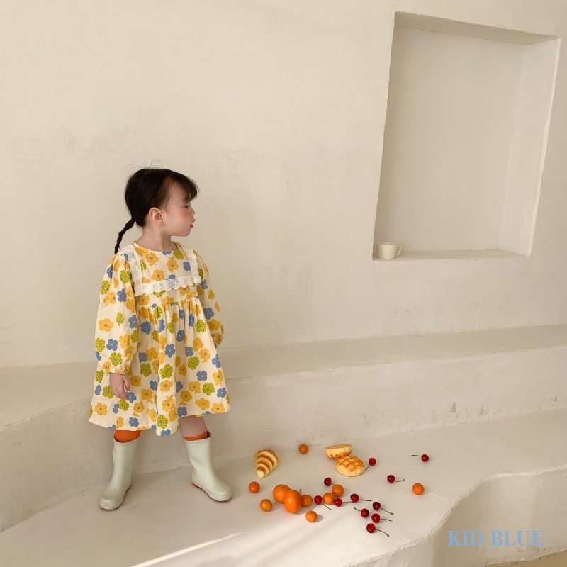 Đầm Công Chúa Cổ Tròn Phối Ren Họa Tiết Hoa Xinh Xắn Cho Bé Gái