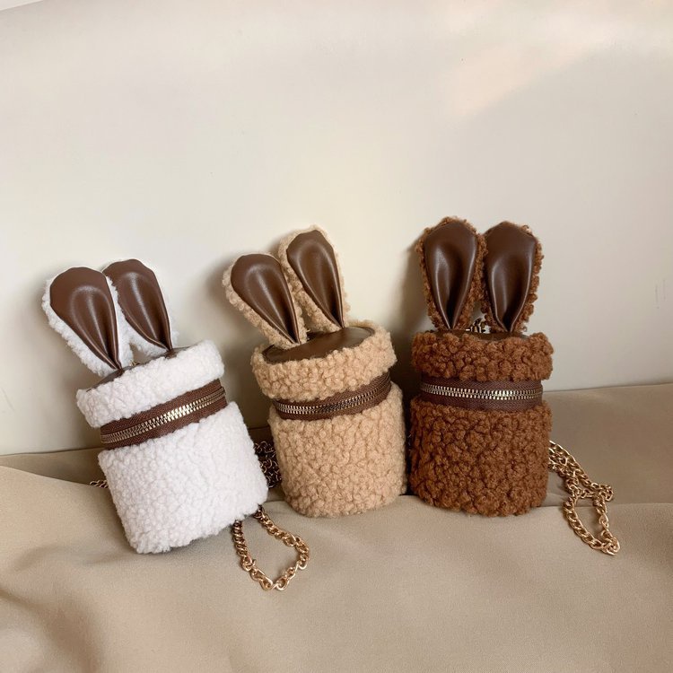 Túi Đeo Chéo Lông Cừu Mini Hình Trụ Đính Tai Thỏ Thời Trang Cho Nữ