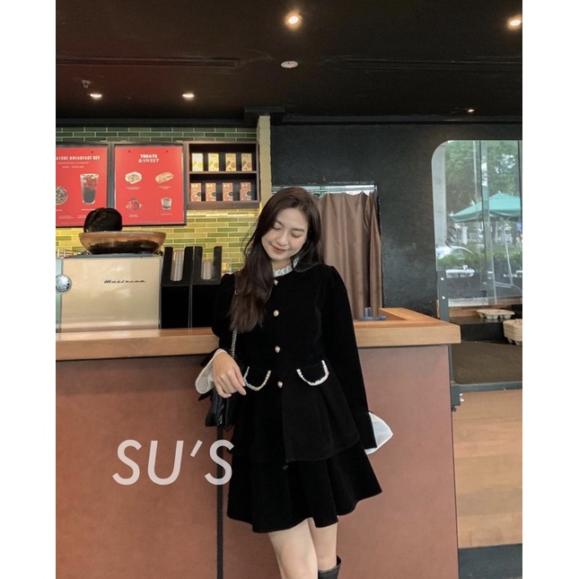 SET NHUNG ĐEN PHỐI BÈO ÁO KHOÁC DẠ CÚC NGỌC KÈM CHÂN VÁY XẾP LY SNDPBN