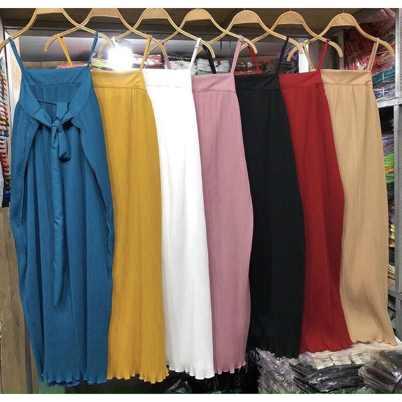 Đầm suông hai dây dập ly thắt nơ sau | BigBuy360 - bigbuy360.vn