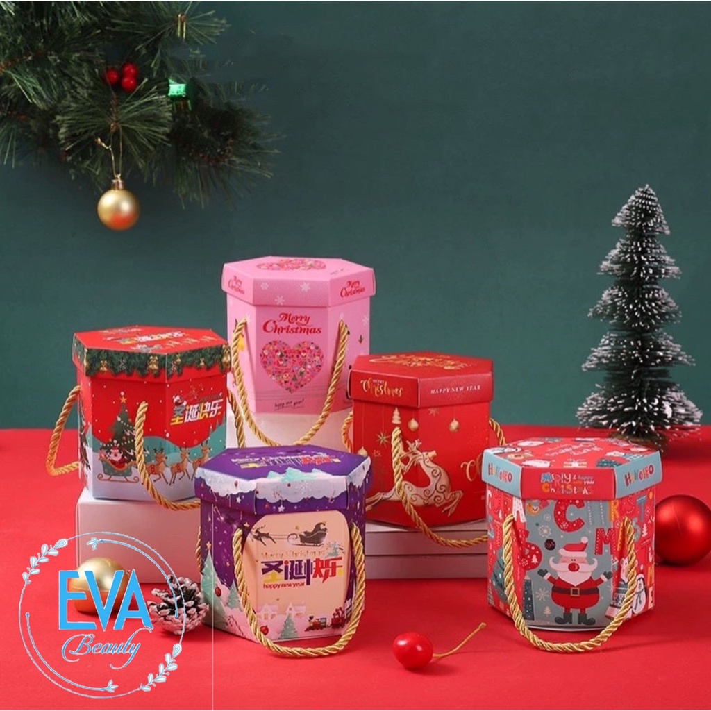 Hộp Đựng Quà Giáng Sinh Lục Giác / Hộp Giấy Đựng Quà Noel Lục Giác Có Dây Xách Nhiều Mẫu M3524
