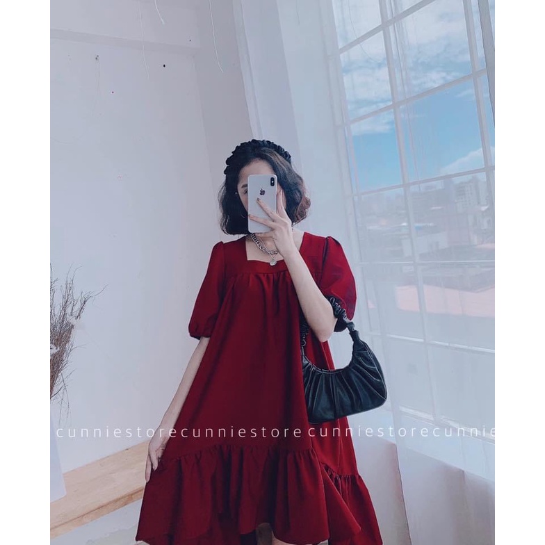 Đầm bầu dự tiệc màu đỏ  váy bầu cổ vuông đuôi cá có 3 size S/M/L