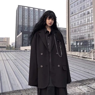 Áo Vest/ blazer đen dáng Oversized kèm dây xích siêu ngầu cho Nam và Nữ Ulzzang (ảnh thật)